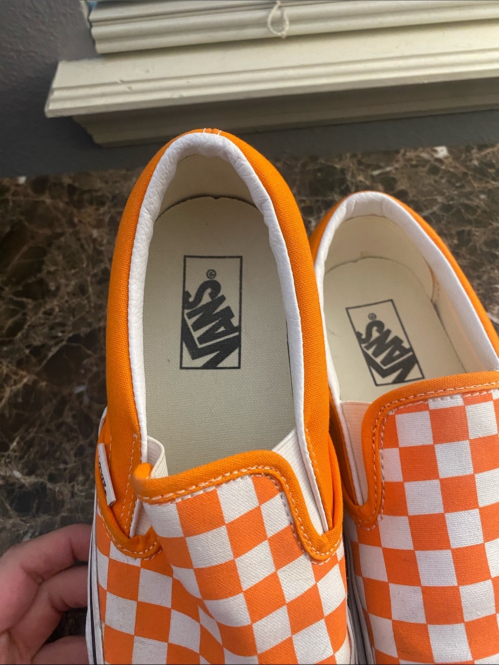 Vans Orange and White Checkerboard Slip-On Sneakers - Picture 2 of 4
